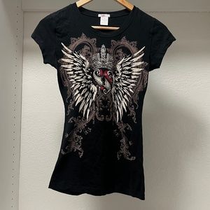 Touch Women's Medium Black Alternative Tattoo Style Rhinestone Graphic Tee